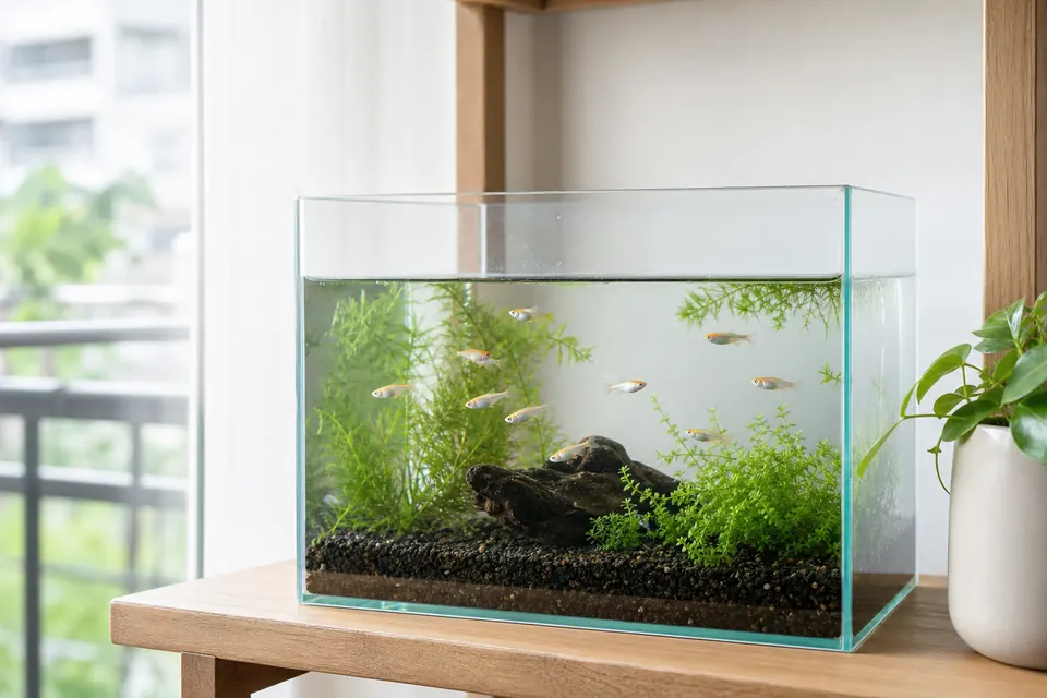明るい室内に置いた水草入りの小型メダカ水槽