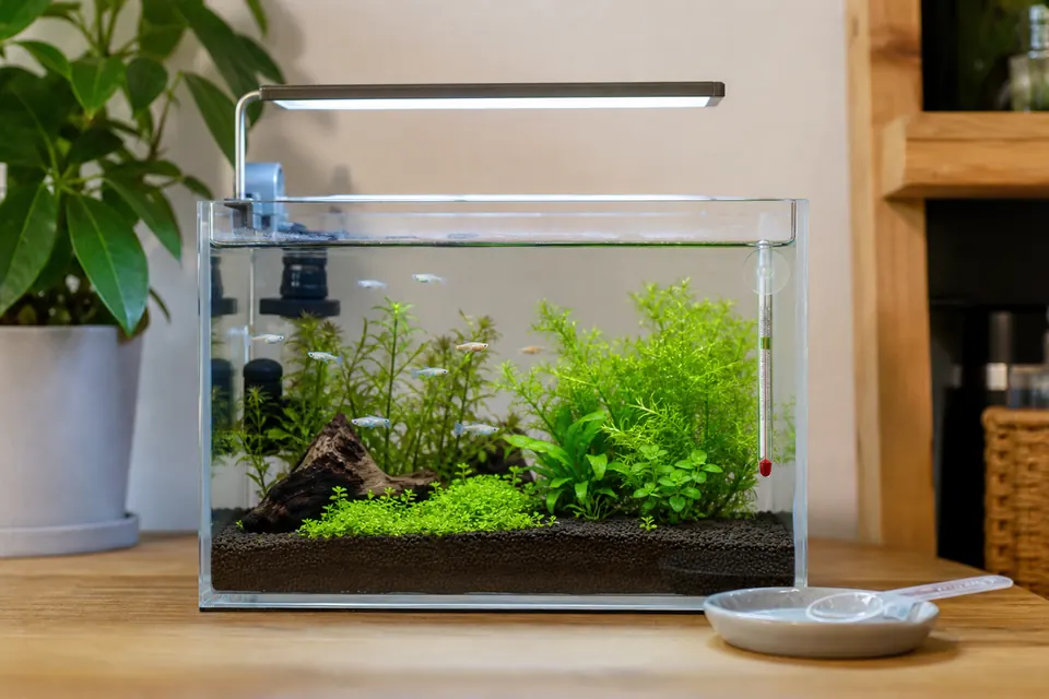 LEDライトと水温計を備えた室内メダカ水槽の管理セット