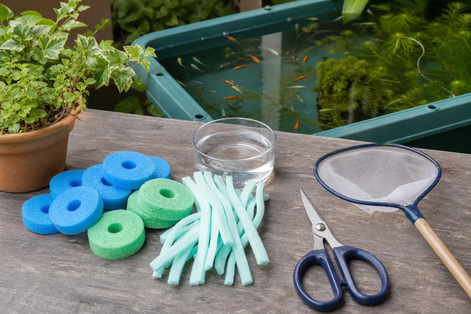 メダカ容器のそばに置いた手作り産卵床の材料と道具