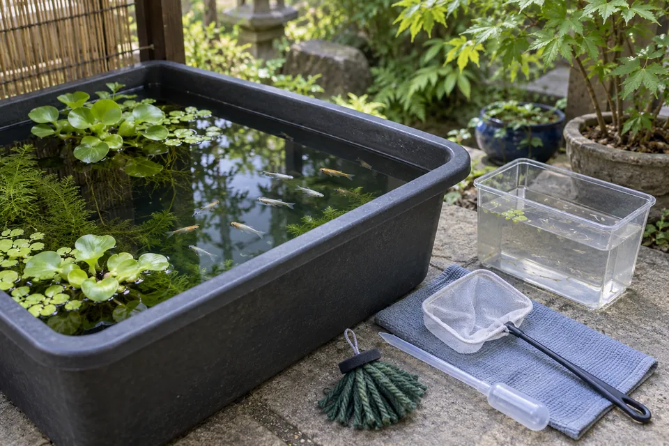 屋外のメダカ容器と産卵床、稚魚用の透明容器、網、スポイト