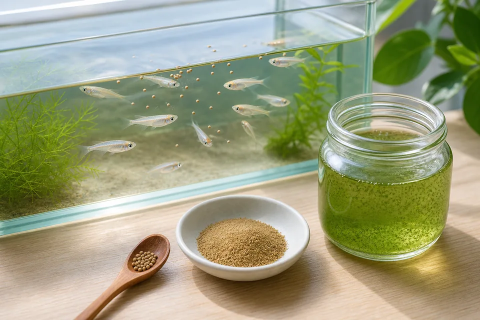 メダカ水槽の横に人工飼料、稚魚用粉餌、活き餌容器を並べて餌の種類を比べている様子