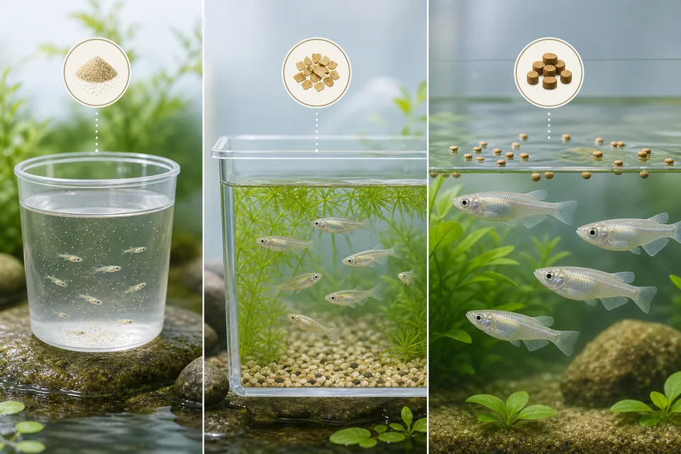 針子、若魚、親魚それぞれに合うメダカ餌を容器ごとに並べた説明イラスト