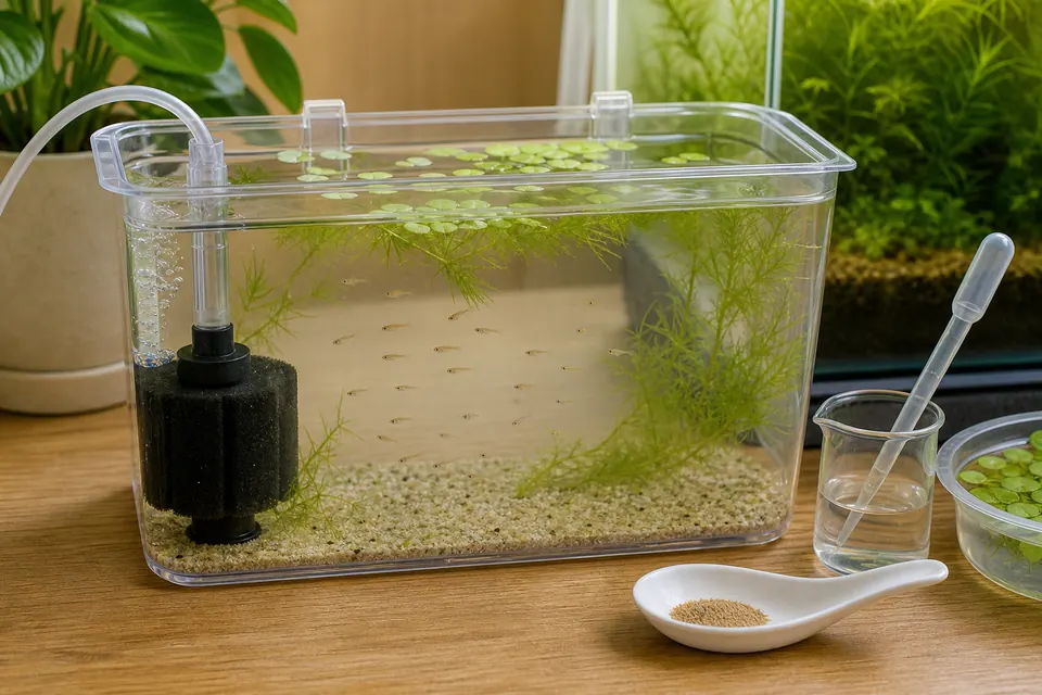 メダカ稚魚用の育成容器、スポンジフィルター、粉餌、スポイトを並べた室内セット