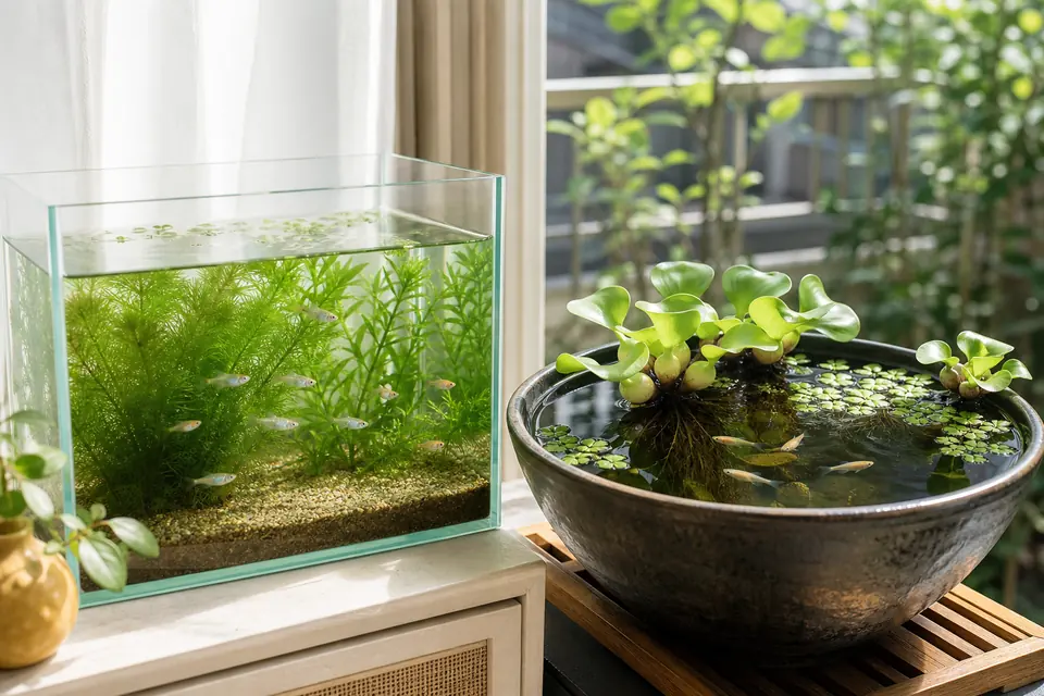 マツモを入れた室内メダカ水槽と浮き草を入れた屋外の睡蓮鉢