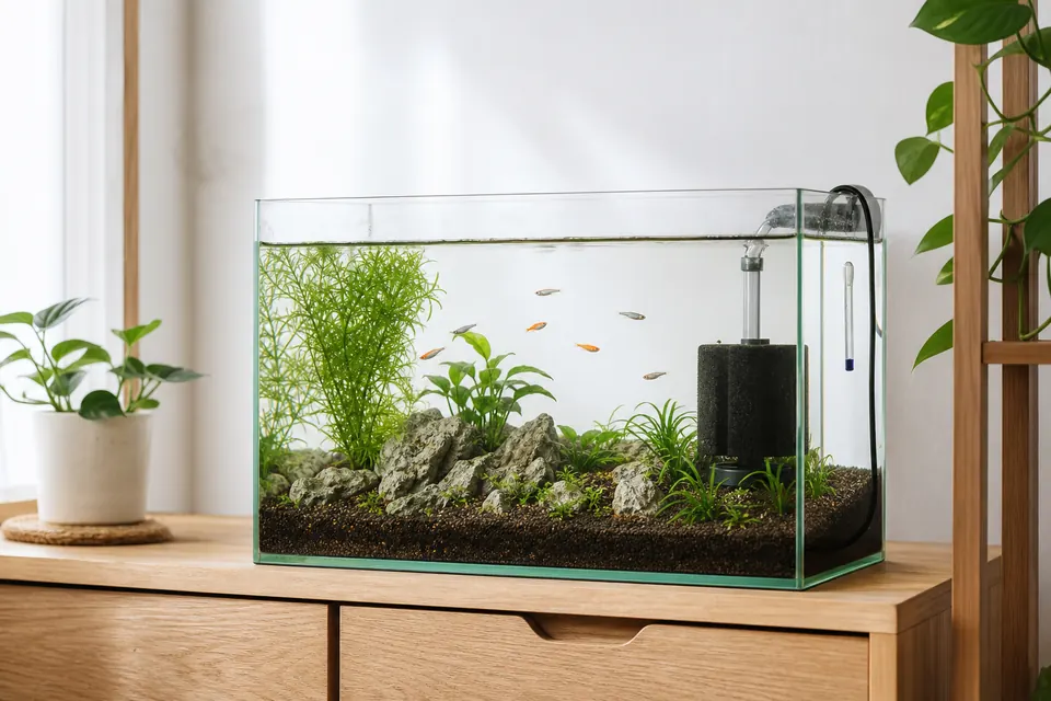 水草とスポンジフィルターを入れて水質を管理する室内のメダカ水槽