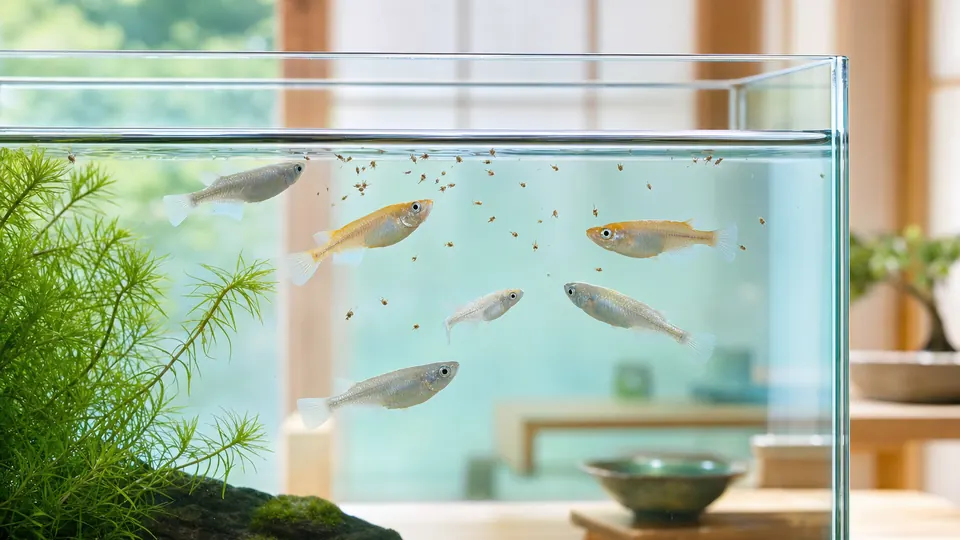 水面近くのミジンコを追って泳ぐ銀色と橙色のメダカ
