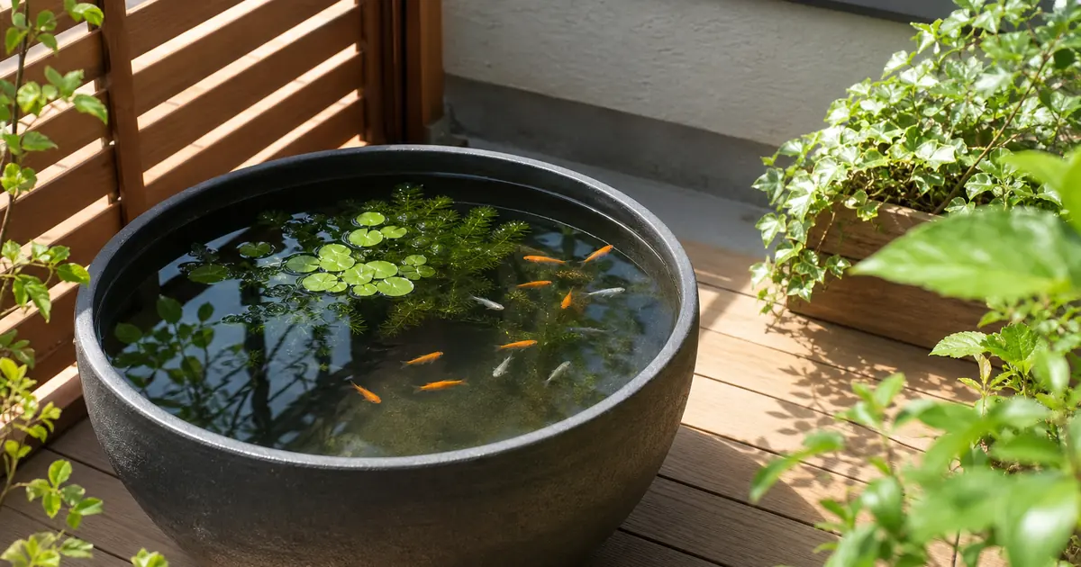 水草と日陰を用意した屋外容器を泳ぐオレンジと白のメダカ