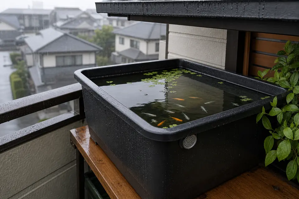 軒下で雨を避け溢水口を設けた黒い屋外メダカ容器