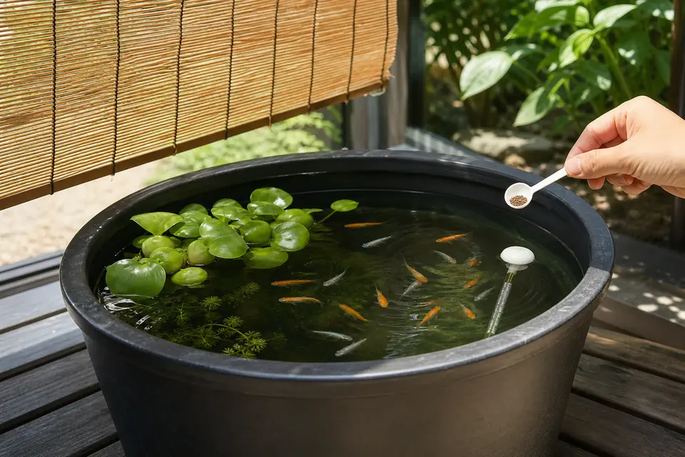 すだれで半日陰を作り水温計を入れた屋外メダカ容器で少量の餌を与える様子