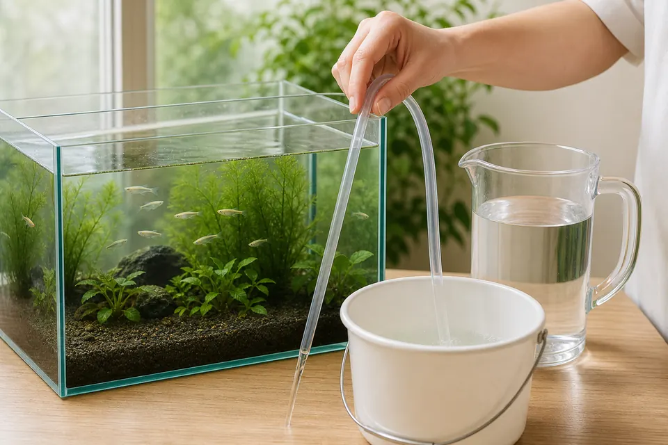 室内のメダカ水槽から細いホースで水の一部だけをバケツへ抜く様子