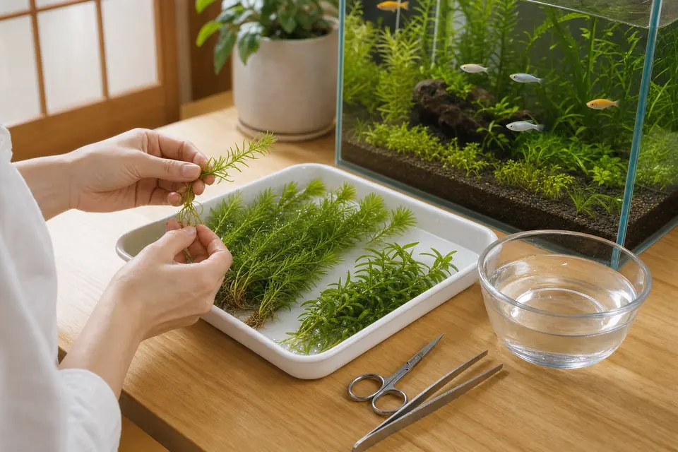 メダカ水槽へ入れる前にトレーで水草の葉と根を確認する様子
