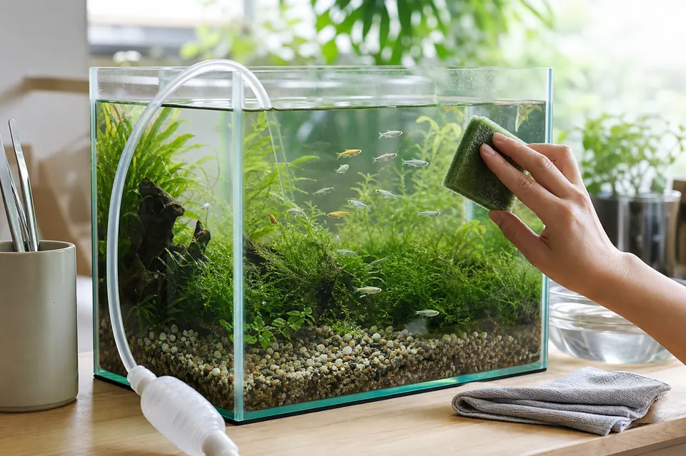 メダカ水槽の前面ガラスをやわらかいスポンジでゆっくり掃除している様子