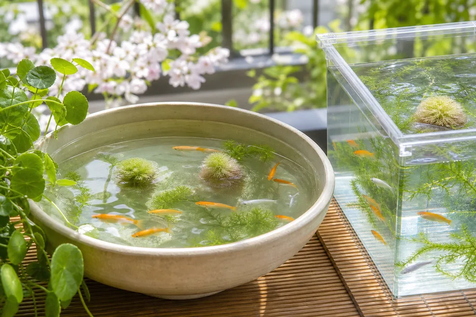 春の明るいベランダで産卵床と水草を入れた容器を泳ぐメダカ