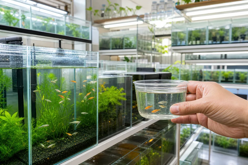 メダカ販売店の水槽前で透明なカップを使い泳ぎ方を観察する様子