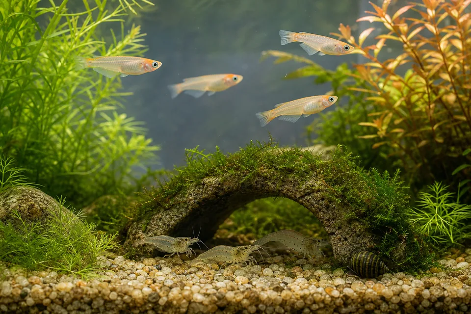 水草と石の隠れ家の下にいるミナミヌマエビと上層を泳ぐメダカ