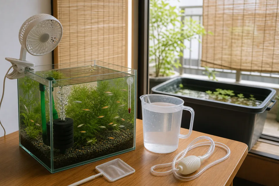 室内メダカ水槽の水温計、冷却ファン、カルキ抜きした水、屋外容器の日よけを並べた温度対策用品
