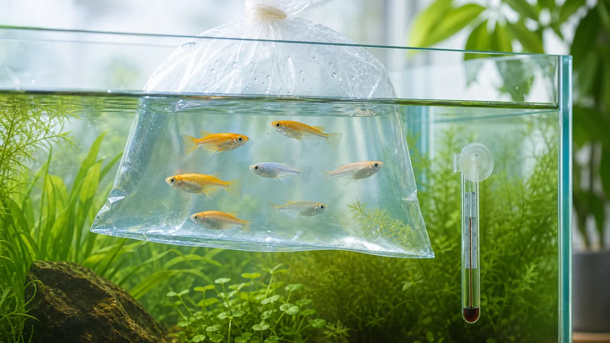 メダカの輸送袋を飼育水に浮かべて温度を合わせる水合わせの様子