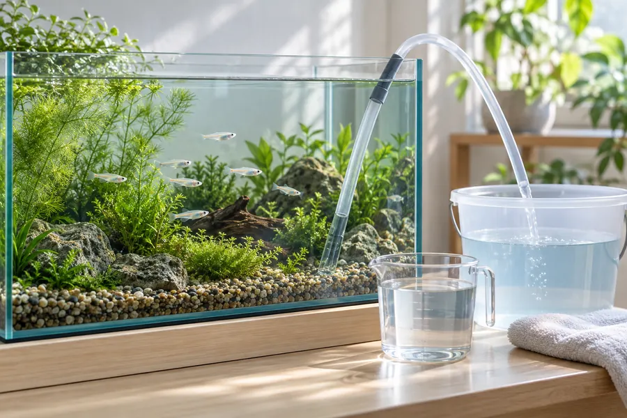 メダカ水槽からホースで少量の水をバケツへ移す部分換水の様子