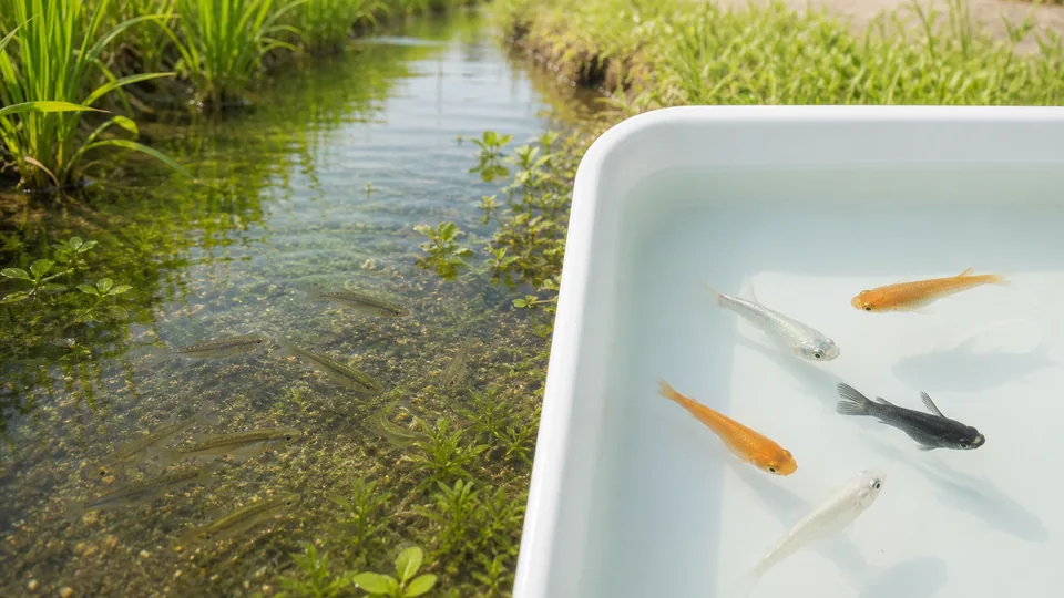 田んぼの水路にいる野生メダカと白い観察容器の改良メダカを比べている様子