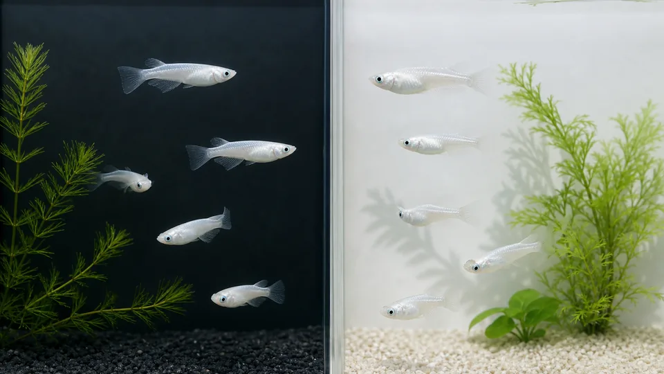 黒い背景と白い背景の水槽で白いメダカの見え方を比べている様子